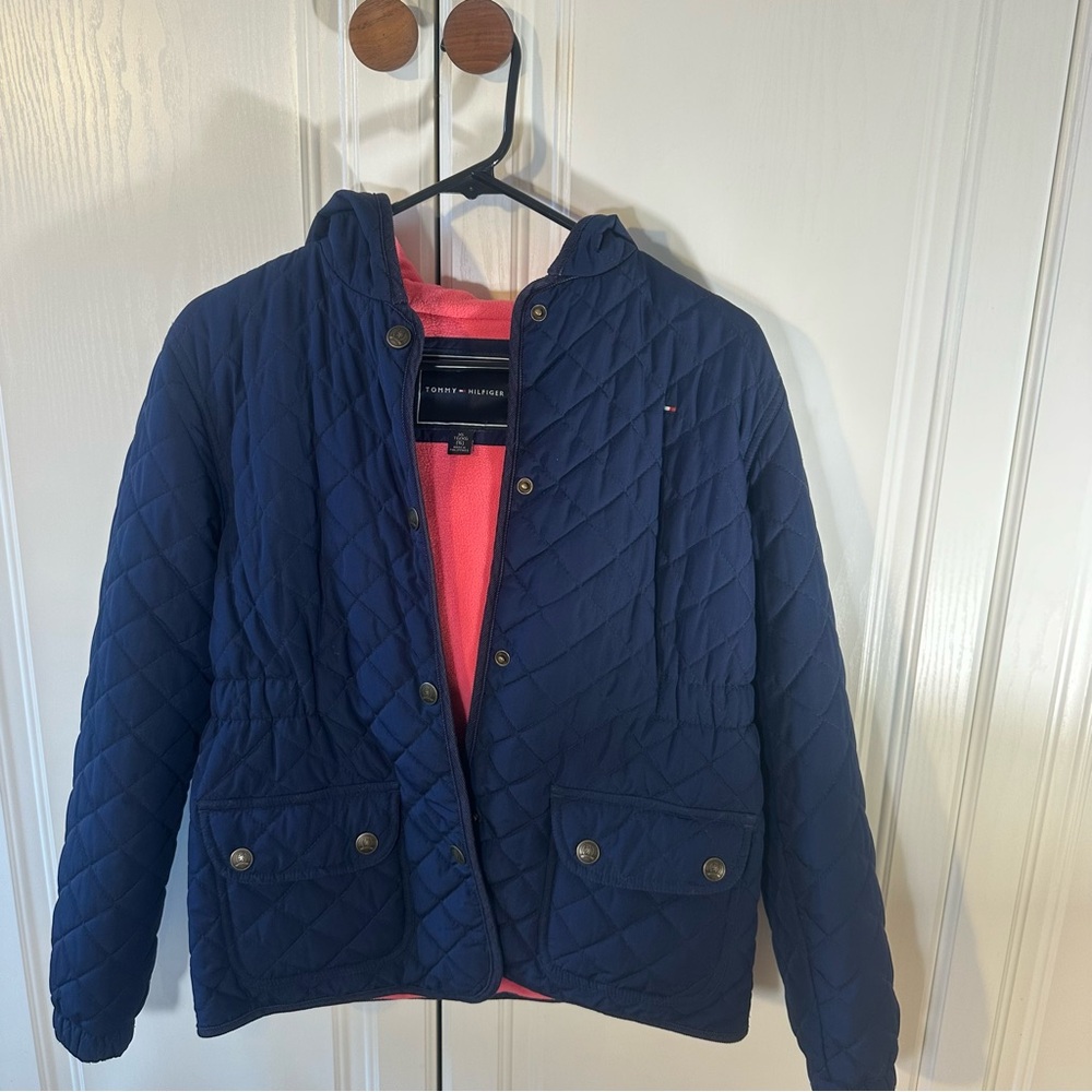 Tommy Hilfiger Navy Quilted Jacket - Kids XL with hood, pink lining.